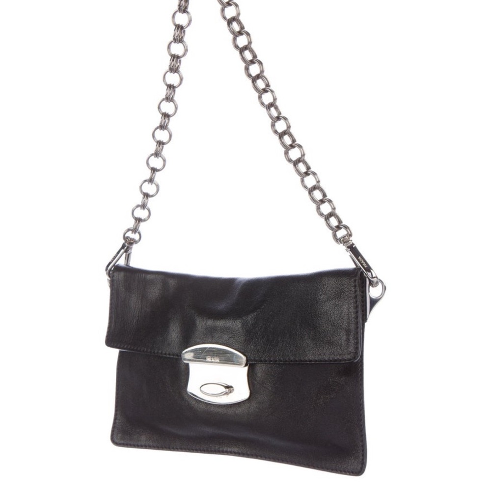 Black Leather Chain Bag; wristlet or clutch style